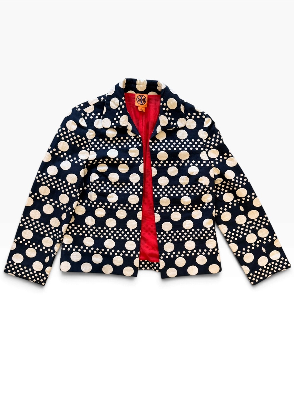 Tory Burch Elijah Polka Dot Knit Jacket Navy Blue Cream Size 6